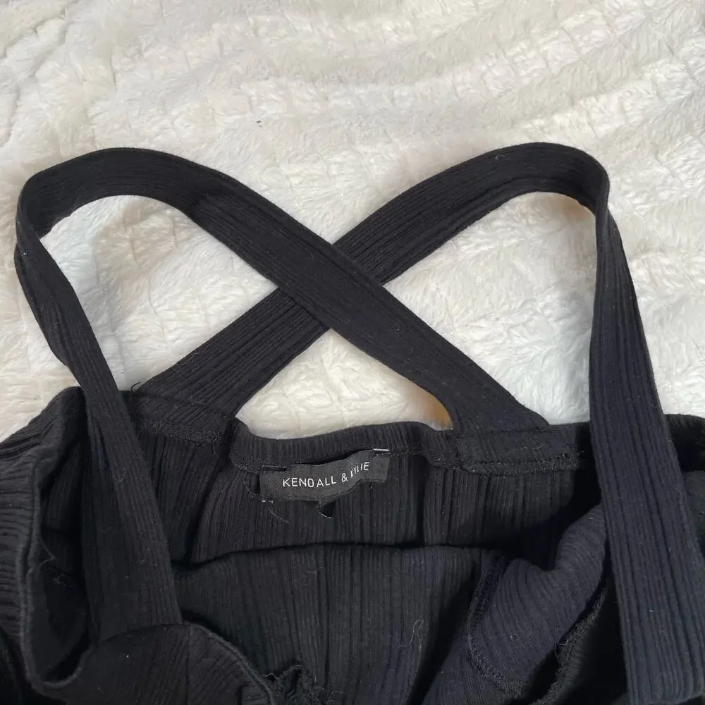 KENDALL AND KYLIE Black Ribbed Extra Small Mini‎ Dress Cross Back